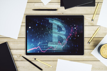 Aufkleber - Modern digital tablet monitor with creative Bitcoin symbol. Cryptocurrency concept. Top view. 3D Rendering