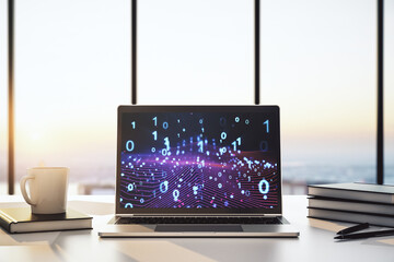 Aufkleber - Creative concept of binary code illustration on modern laptop screen. Big data and coding concept. 3D Rendering