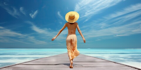 Wall Mural - Travel concept. Beautiful woman standing on beach and sea with copy space