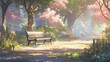 Idyllic anime scene: A sun-kissed Japanese park, serene and untouched, with a lone bench inviting quiet reflection on a radiant day.