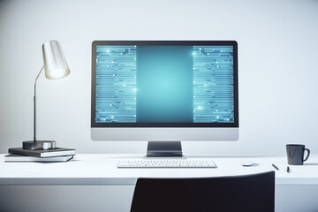 Aufkleber - Creative abstract micro chip hologram on modern computer monitor, artificial intelligence and machine learning concept. 3D Rendering