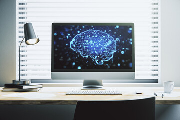 Aufkleber - Creative artificial Intelligence concept with human brain hologram on modern laptop screen. 3D Rendering
