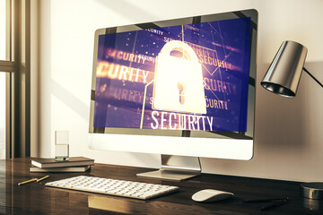 Poster - Modern computer monitor with creative lock hologram and chip. Information security concept. 3D Rendering