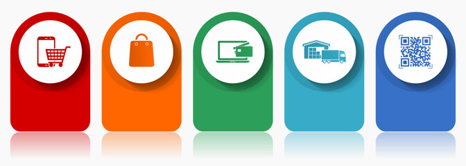 Aufkleber - Online store icon set, miscellaneous vector icons such as smartphone, cart, bag, delivery and qr code, modern design infographic template, web buttons in 5 color options