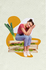 Sticker - Composite collage picture of young cute girl sit huge tasty sandwich fresh lettuce salad hamburger with ham isolated on drawn background