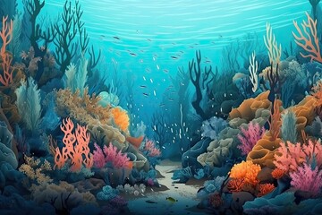 Wall Mural - Colorful mysterious depths of the underwater world with fish, corals and algae.