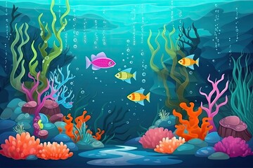 Wall Mural - Breathtaking seascape with cute cartoon illustrations of aquatic fish surrounded by seaweed and beautiful underwater plants.