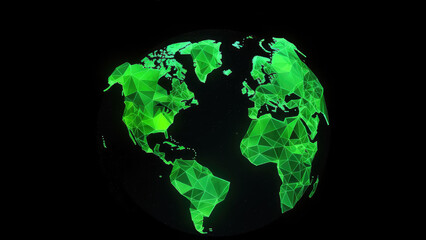 3d world map network connection glowing polygonal triangle neon lines on dark black background. worl