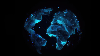 3d World map network connection glowing polygonal triangle neon lines on dark black background. World connection futuristic concept, website landing page template design. Generative AI