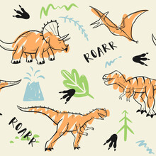 Childish Dinosaur Seamless Pattern For Fashion Clothes, Fabric, T Shirts. Hand Drawn Vector With Lettering.