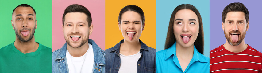 Poster - Collage with photos of people showing their tongues on different color backgrounds