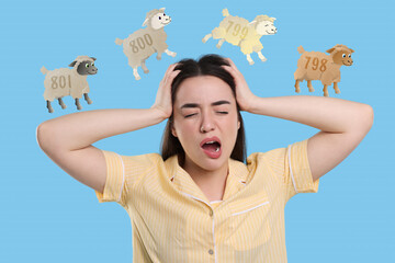 Canvas Print - Insomnia. Tired woman yawning and counting to fall asleep on light blue background. Illustrations of sheep with numbers jumping above her