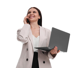 Canvas Print - Beautiful businesswoman in suit with laptop talking on smartphone against white background, low angle view