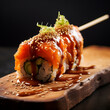 Sushi with salmon, Japanize food, fresh fish, rice, vegetables, fruits, colors, flowers