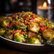 Close Up Of Brussels Sprouts Roasted With Olive Oil And Bacon. Vegetable Side Dish. Traditional Thanksgiving Day Food. Roasted Brussel Sprouts