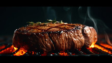 Grilled Beef Steak On A Dark Background.