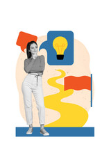 Aufkleber - Poster collage sketch image of minded girl bright great idea announce excellent plan isolated on painted background