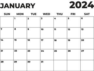 Wall Mural - January 2024 Black and White Sunday Start Landscaped Monthly Planner, Sunday Start Calendar 2024