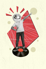 Sticker - Vertical collage image of mini black white effect boy disco ball instead head stand vinyl record point finger isolated on drawing background