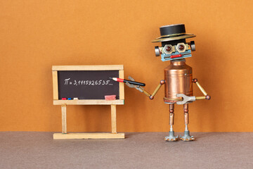 Math lesson. Professor robot explains Pi mathematical constant irrational number 3.1415926535. Toy robotic teacher with pencil pointer. College classroom interior black chalkboard