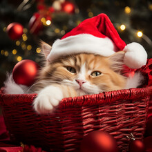 Beautiful Cat With Red Santa Hat Lying In Christmas Basket
