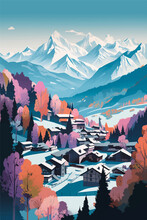 Winter Landscape With Mountains, Swiss Alpine Village In The Style Of Deconstructed Shapes