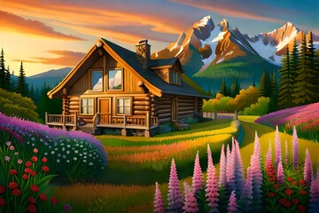 Canvas Print - house at sunset generated ai