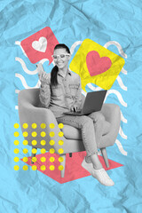 Poster - Composite collage image of young businesswoman sitting armchair netbook telephone blue yellow background entrepreeur influencer