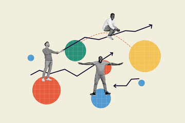 Poster - Composite collage of three young coworkers leadership contest graphic motivation progress finance stats isolated on checkered background