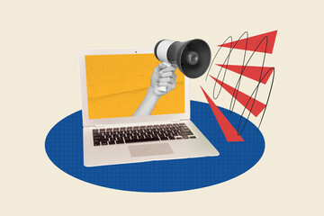 Fototapete - Creative artwork picture collage of hand holding bullhorn megaphone announce news laptop screen media isolated over white background