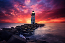 Beautiful Lighthouse Adorned Night Time Seascape With A Gloomy Sky At Sunset