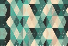 A Speckled Diamond Geometric Pattern Of Green, Blue, And Beige Triangles On A Dark Green Background.
