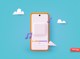 phoneAudio app on mobile phone. Application presentation template. Modern Technology device screen. 3D Web Vector Illustrations.