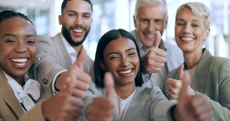 Poster - Business people, face and thumbs up in teamwork success, celebration and like, winner goals or thank you. Corporate, internship diversity and executive in support, yes and ok emoji for group portrait