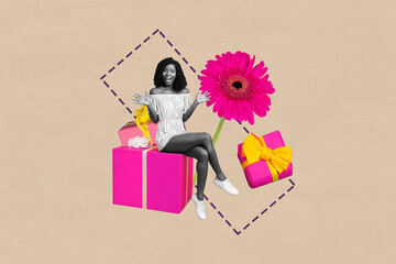 Sticker - Creative photo collage of young funky girl surprised receive congratulations present pink flower happy birthday isolated on beige background