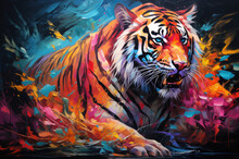 Abstract Tiger Illustration: AI-generated Stock Image Depicting A Tiger In Abstract And Colorful Forms. Great For Abstract Art Displays, Poster Designs, And Unique Wall Art Prints.