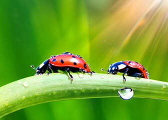 abstract close up or macro photo of a lady bug on green natural background, ecology and environment concept created with generative ai technology