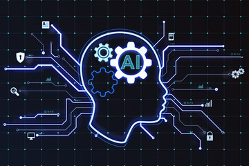 Poster - Glowing head outline on blurry dark grid background. AI and chart GPT concept. 3D Rendering.