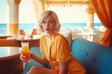 Luxury girl sitting in open beach sea view bar with cocktail.