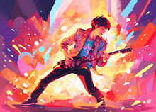 Poster Of Young Asian Man Singer On Stage Playing Guitar On Colorful Background.