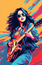 Poster Of Young Asian Girl On Stage Playing Guitar On Colorful Background.