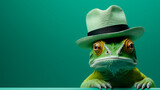 Fototapeta  - Chameleon wearing hat, green background with copy space