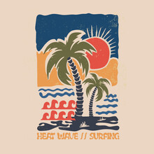 Vector Summer Beach Sunset With Palm Tree, Long Beach, Summer Vibes Hand Draw, Summer Beach Slogan With Beach Illustration, Hawaii, Aloha Surf Typography For T-shirt Print , Beach Vector Print,