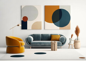 Teal sofa and terra cotta armchair against white wall with art posters. Scandinavian style home interior design of modern living room.