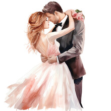Modern Bride And Groom Holding Each Other And Kissing, Wedding Watercolor Clipart, Romantic Mood
