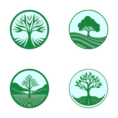 Wall Mural - Big tree logo set. Flat Simple green shapes silhouette symbol eco wealth concept. Nature growing farm eco family vector illustration