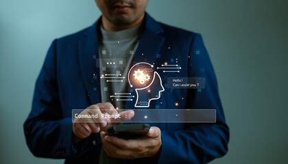 Aufkleber - Ai tech, businessman show virtual graphic Global Internet connect robot Chat with AI, Artificial Intelligence. Using command prompt for generates something, Futuristic technology transformation.