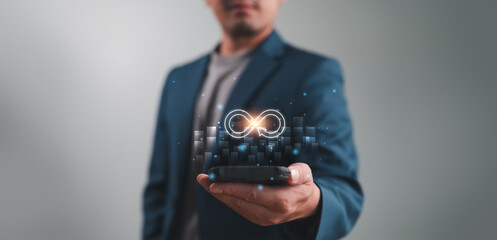 Poster - Circular economy and infinite. Businessman holding smartphone with circular infinity symbol, Strategy of investment, Banking and financial, Development and data exchange for business growth.