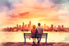 Water Color Pictures Of Couple Relaxing On Bench Looking At Big City View With Skyscrapers And River At Sunset