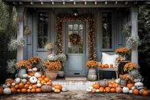 Porch Of An Old House Decorated With Pumpkins. Autumn Halloween Thanksgiving Day. Generative AI